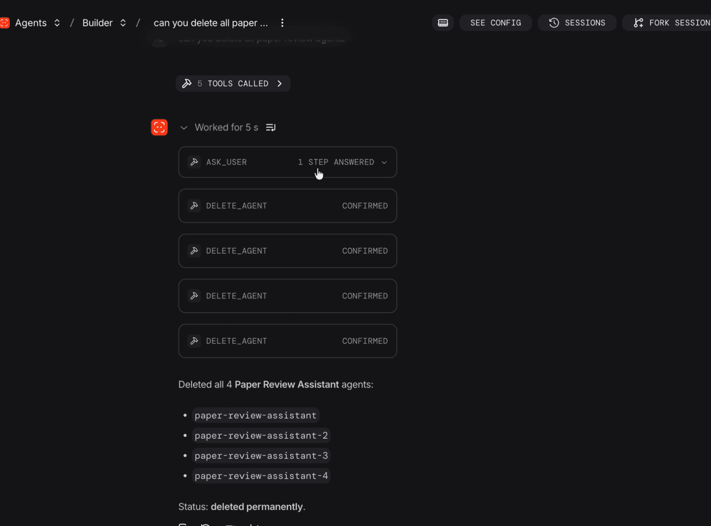 Chat UI showing confirmed Studio tool calls and the final result