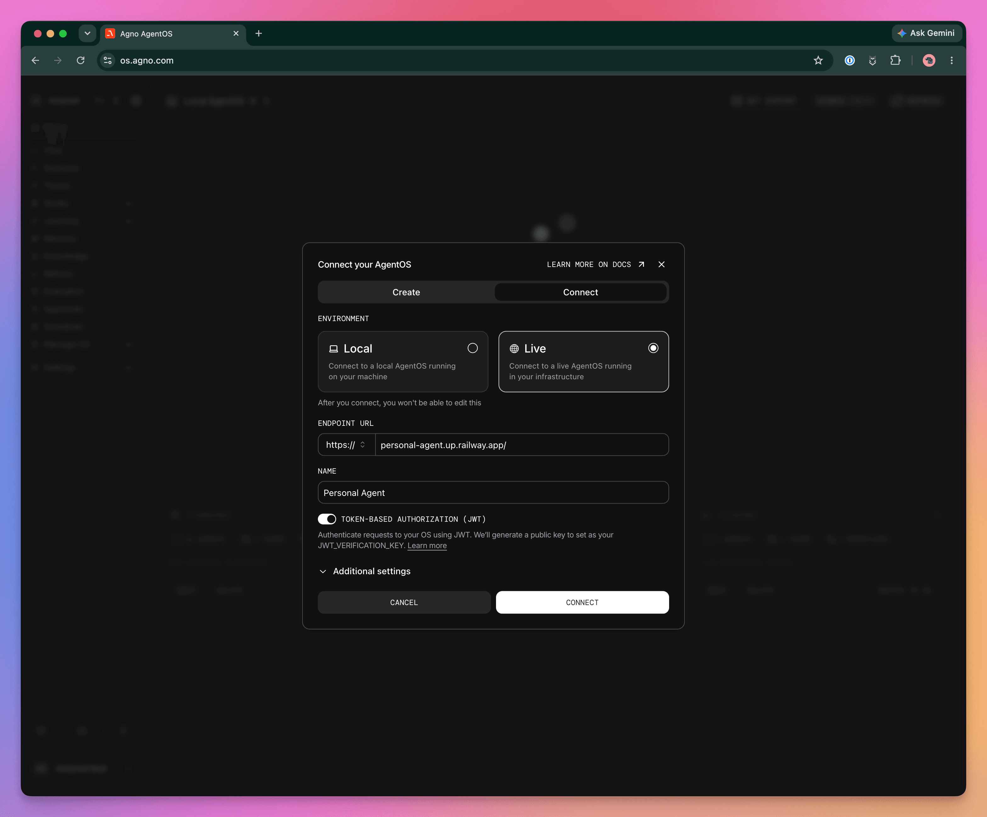Connect the personal agent to the AgentOS Control Plane with JWT authorization