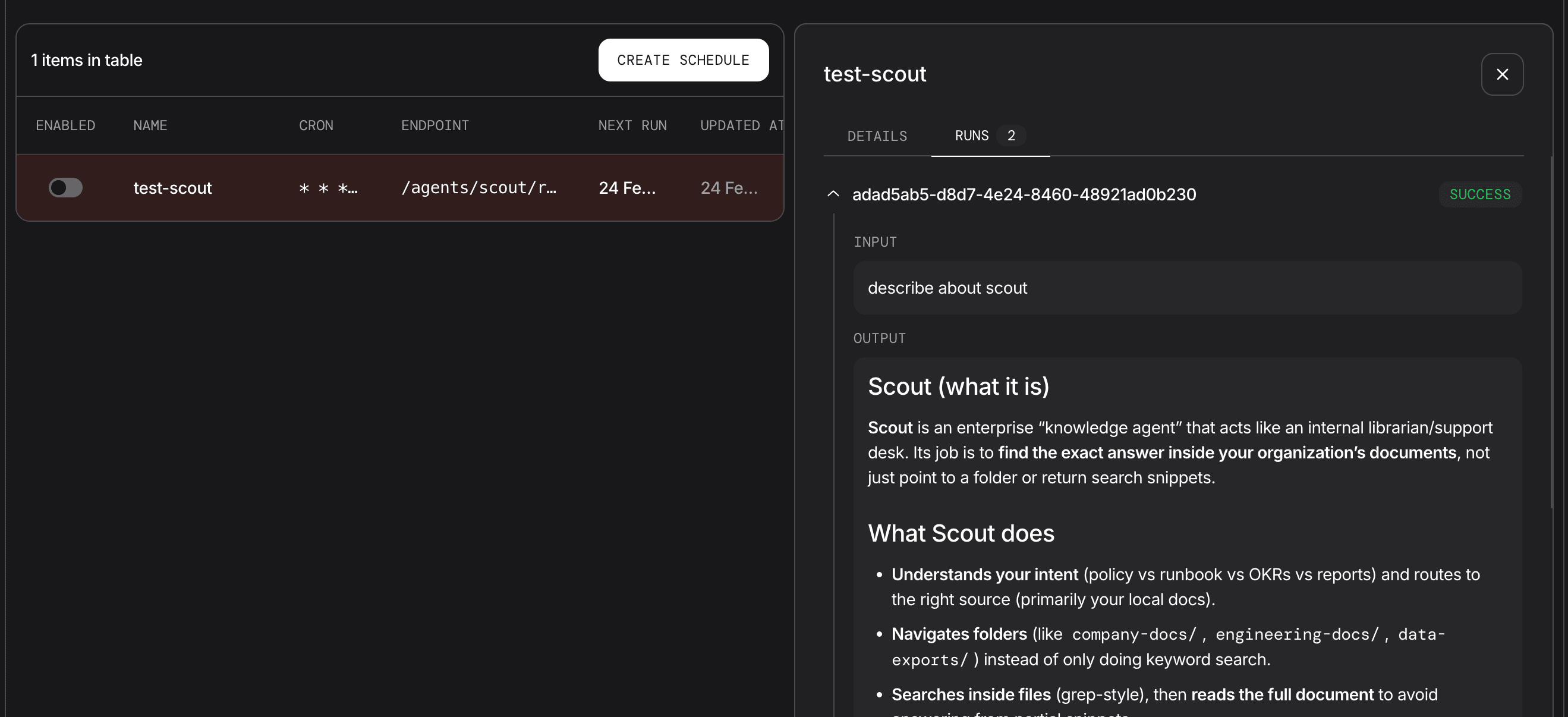 Schedule list with run history panel