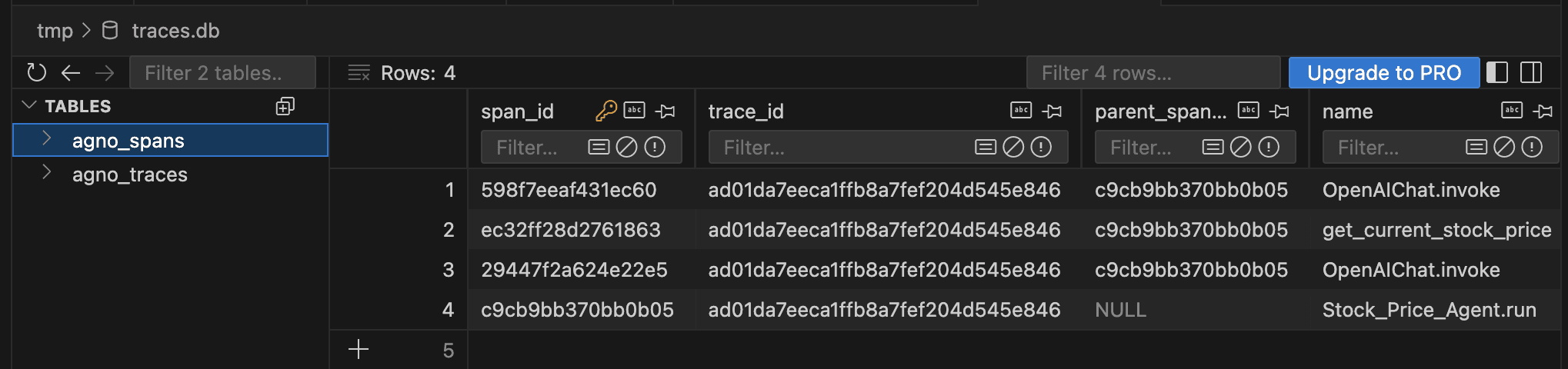 agno_traces and agno_spans tables in a database client